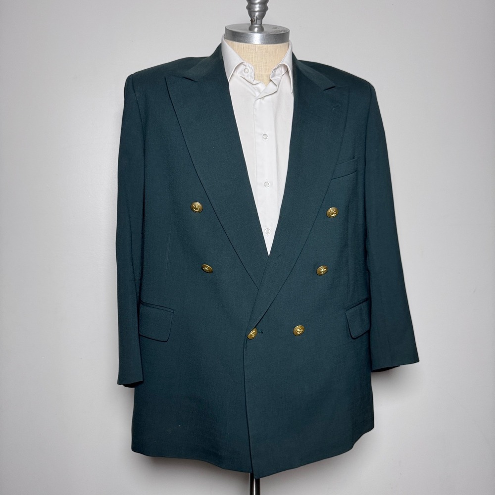 Chaps Ralph Lauren Blazer Mens 48R Green Solid Double Breasted‎ Gold Button Wool